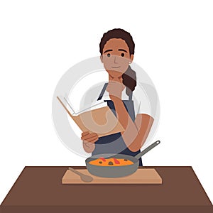 Young woman cook reading recipes and cooking soup