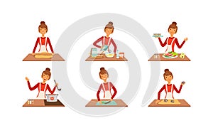 Young Woman Cooking and Baking at Kitchen Table Set, Cheerful Girl Preparing Food Cartoon Vector Illustration