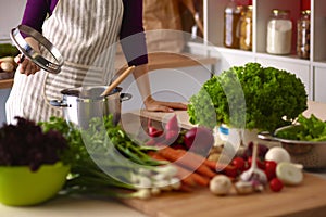 Young Woman Cooking in the kitchen. Healthy Food