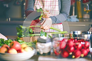 Young Woman Cooking in the kitchen. Healthy Food for Christmas stuffed duck or Goose