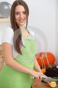 Young woman cooking in kitchen. Householding, tasty food and vegetarian in lifestyle concepts