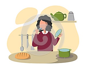 Young Woman Cooking soup in the kitchen. Prepare Food. Healthy Food. Healthy Lifestyle. Cooking At Home. Vector flat
