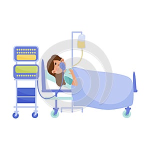 Young Woman with Coronavirus Symptoms Rested on Hospital Bed with Drip Bulb Vector Illustration