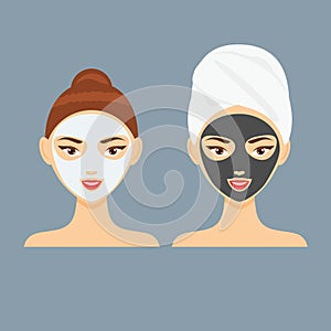 Young woman with cosmetic clay and charcoal facial mask vector illustration