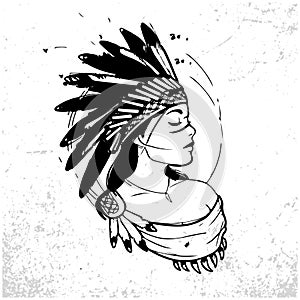 Young woman in costume of American Indian. Silhouette of beautiful Indian women. Sketch abstract to Create Distressed Effect