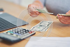 Young woman counting home budget with bills