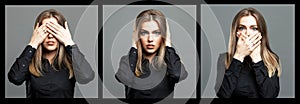 The young woman covered her eyes, mouth and ears with her hands. Beautiful blonde in a black shirt. Collage, set. Gray background