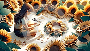 Young Woman Crafting Paper Sunflowers with Precision and Care