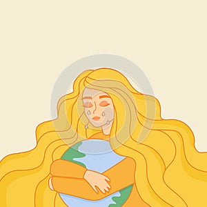 Young woman crying embracing planet Earth. Girl protects world. Stop war, love and peace concept vector illustration. Ecology