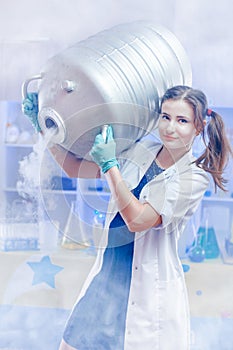 Young woman with cryogenic gas in lab