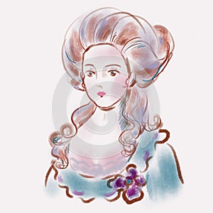 Young woman with curly combed hair, blue dress with purple flower in antique style