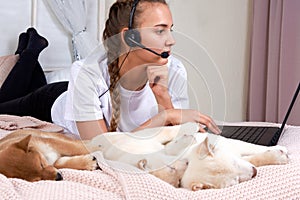 Young woman with cute puppy Shiba inu working at home during quarantine with laptop in bed