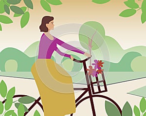 Young woman cyclist as rides a bike concept, flat vector stock illustration of riding a bike in a park on nature