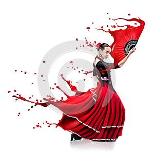 Young woman dancing flamenco with paint splashes isolated on whit