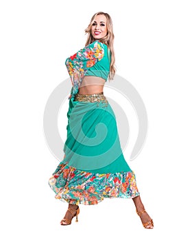Young woman dancing, isolated in full body on white