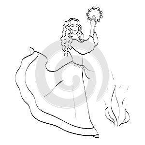 Young woman dancing with a tambourine Linear vector illustration