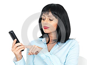 Young Woman With Dark Hair Wearing a Blue Shirt Using a Chordless Telephone photo