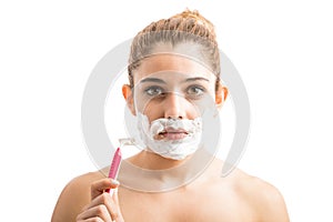 Young woman dealing with facial hair