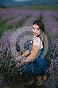 Young woman in denim dress sitting in lavender field in summer. Beautiful girl smile