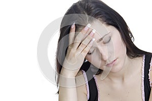 Young woman with depression isolated on white