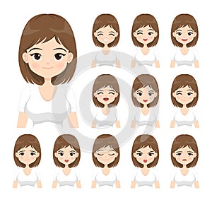 Young woman with different facial expressions. Flat cartoon girl with various emotions isolated on white background.