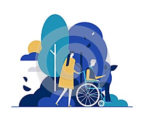 Young woman with disabled man in park flat vector illustration