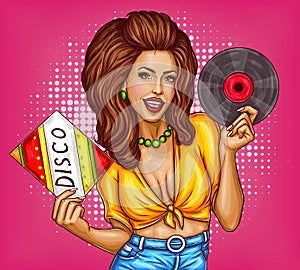 Young woman with disco vinyl record pop art vector