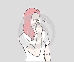 Young woman with disgust on her face pinches nose, something stinks, very bad smell. Hand drawn in thin line style