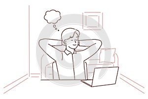 Young woman distracted from computer work dreaming