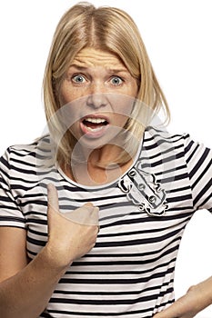 Young woman with disturbed emotion on her face, isolated on white background