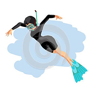 A young woman in diving suit snorkeling. Vector flat cartoon ill