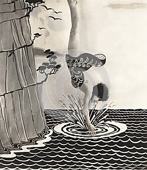 Young woman diving into water illustration photo