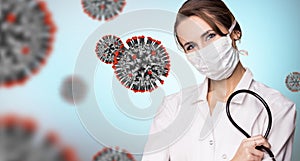 Young woman doctor among viral cells coronavirus.