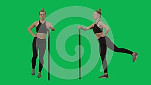 Young woman does exercises, swing legs with bar. Workout for legs, fitness for women. 2 in 1 Collage Front and side view