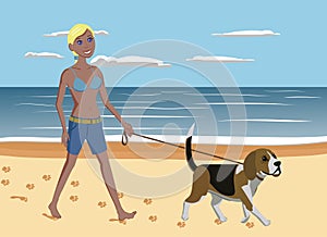 Young woman and dog walking on the beach