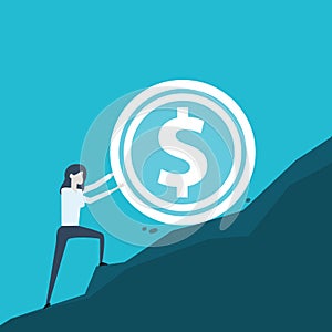 Young woman doing business rolling up the hill an dollar coin. Flat design illustration for financial and investmen. Trendy vector