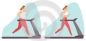 Young woman doing cardio exercise on a treadmill. A fat and slim woman. Weight loss. Healthy lifestyle. Vector illustration in