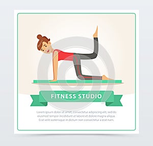 Young woman doing fitness exercises on a mat, fitness studio banner flat vector element for website or mobile app photo