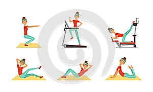 Young Woman Doing Fitness Workout Set, Girl Training with Sports Equipment, Squatting, Practicing Yoga Cartoon Vector