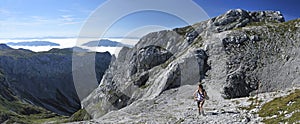 Hiking Ascent on Hochschwab Summit, Hochschwabgebirge, Steiermark, Austria photo