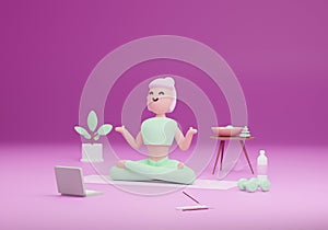 Young woman doing home yoga meditation using online lessons with laptop. 3D rendering lockdown illustration concept.