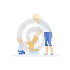 Young woman doing laundry, little son helping her, family lifestyle concept vector Illustration on a white background