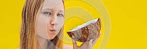 Young woman doing oil pulling over yellow background BANNER, LONG FORMAT
