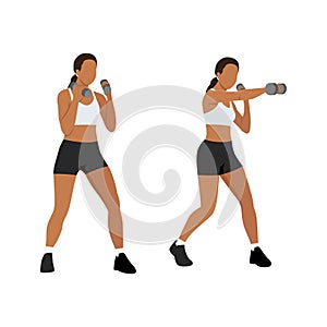 Young woman doing punching exercises. Fitness woman working on martial arts punches with dumbbell