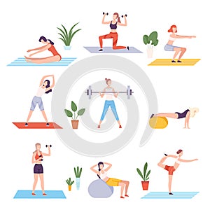 Young Woman Doing Sports with Sports Equipment in Fitness Club or Home Set, Active Healthy Lifestyle Flat Style Vector