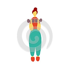 Young woman doing sports workout. Cute happy girl performing gymnastic dumbbell exercise. Flat vector illustration