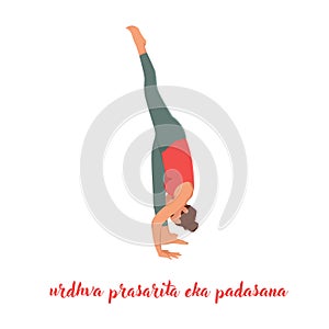Young woman doing Standing splits/ Urdhva Prasarita Eka Padasana yoga pose photo