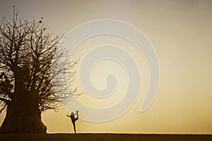 Young woman doing yoga exercise near a big tree