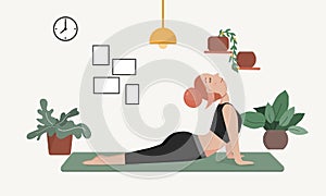 Young woman doing yoga. Healthy lifestyle. Vector illustration in flat style.