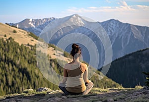 Young woman doing yoga outdoor. Background of beautiful mountains